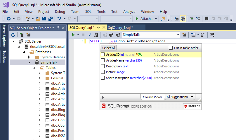 redgate sql prompt +insert expand columns