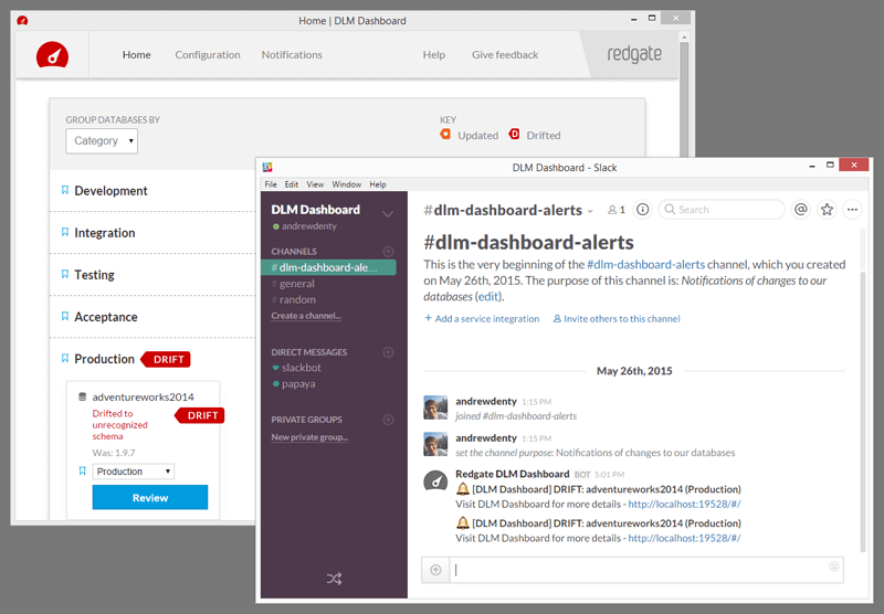 Screenshot of DLM Dashboard and Slack integration