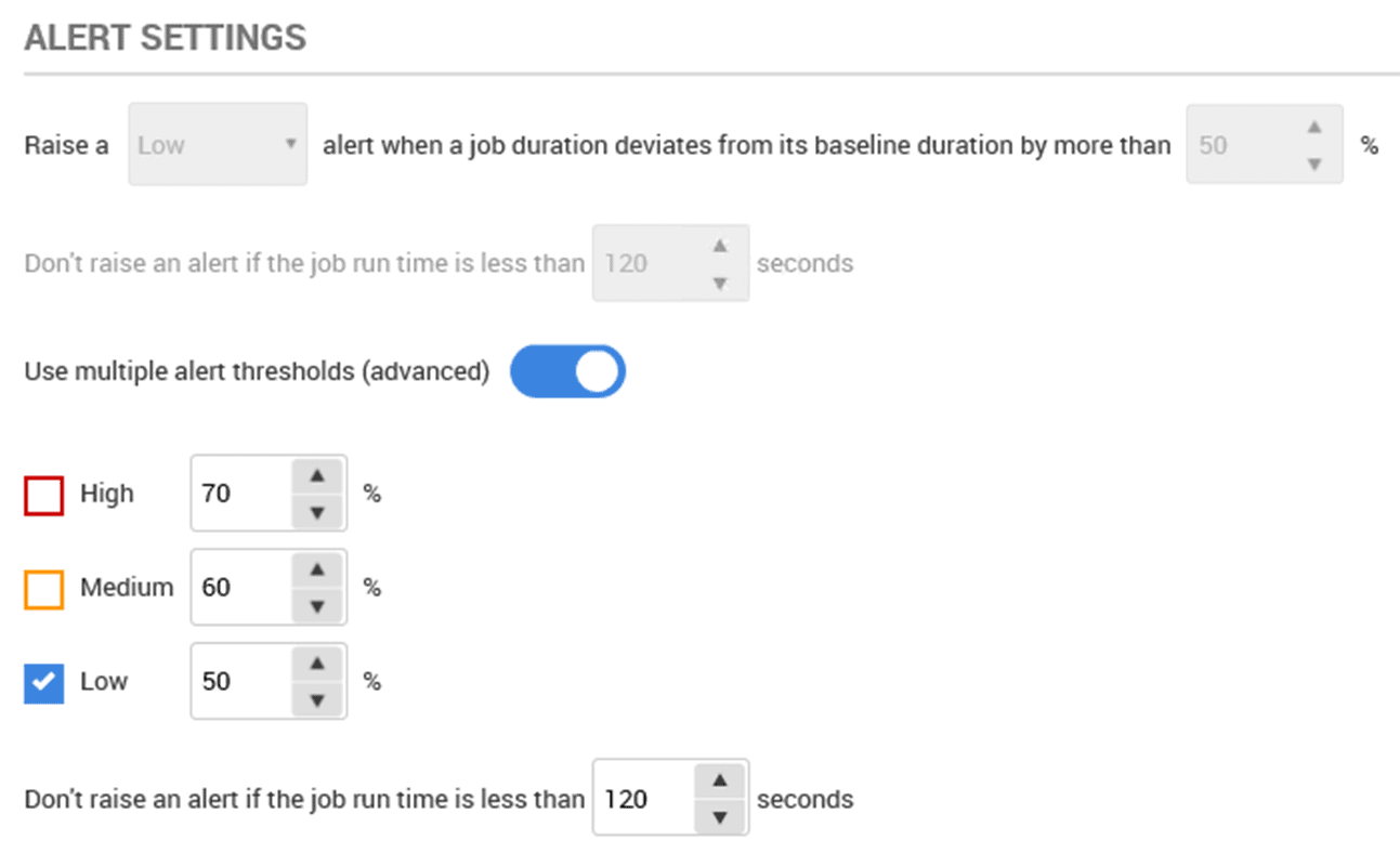 Settings for job duration unusual alert