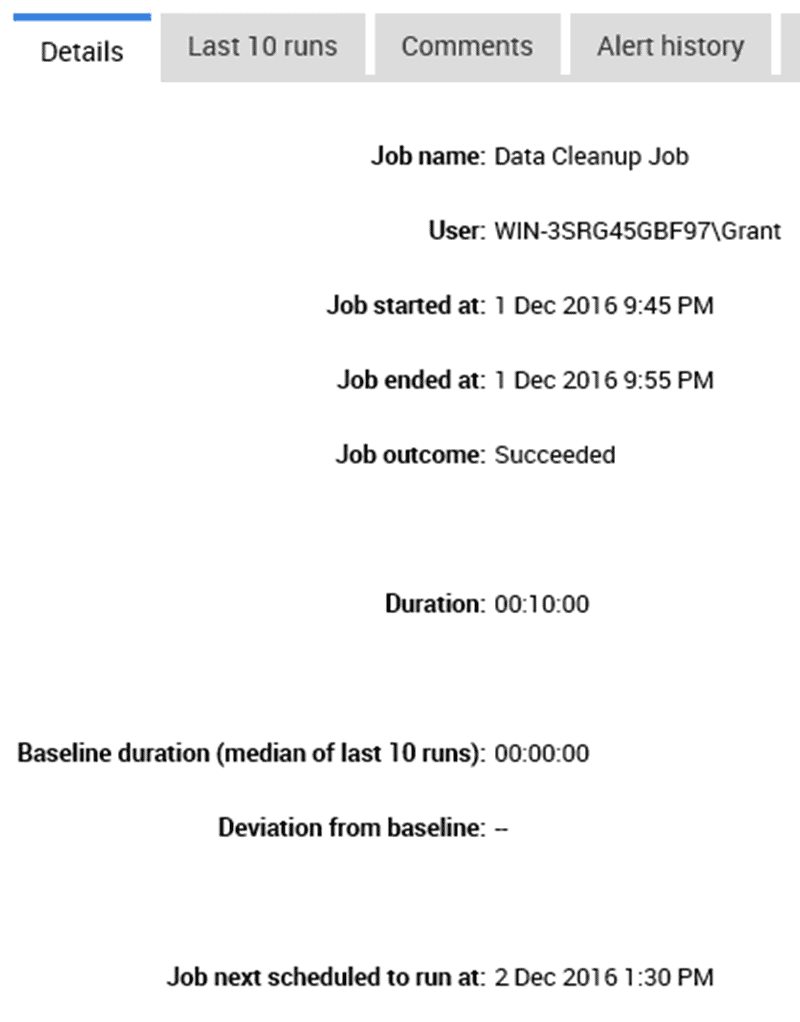 details provided by job duration unusual alert