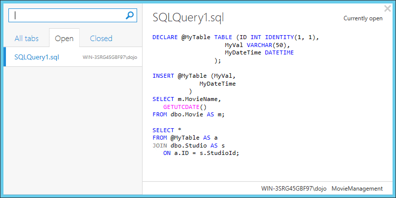 SQL Prompt tab history 2