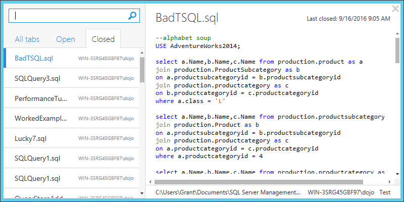 SQL Prompt tab history 3