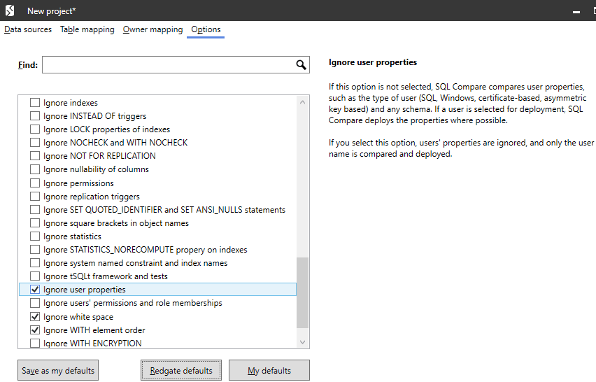 SQL Compare Options