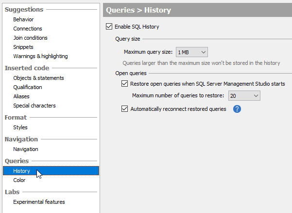 configuring SQL History