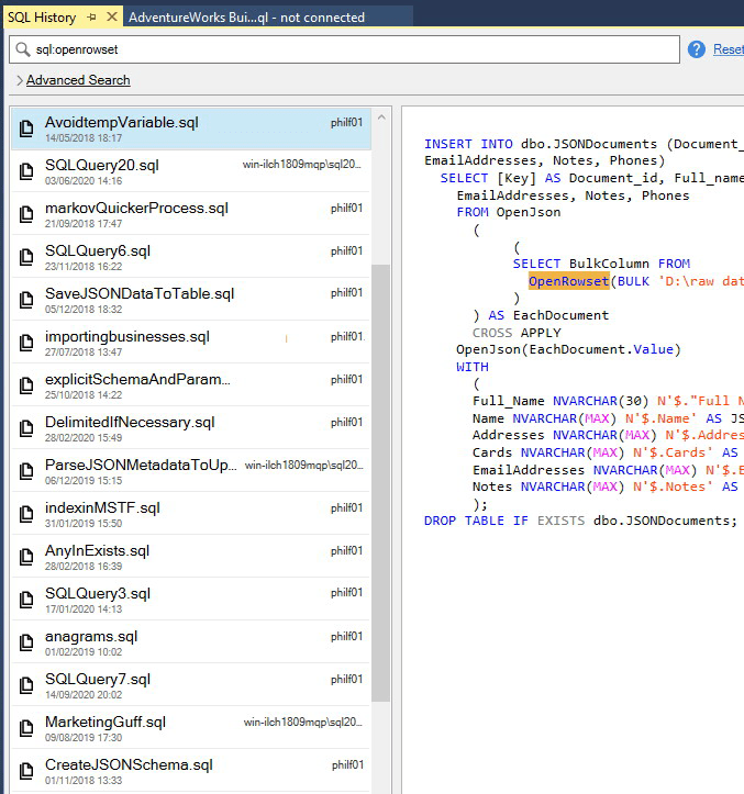 searching the sql code