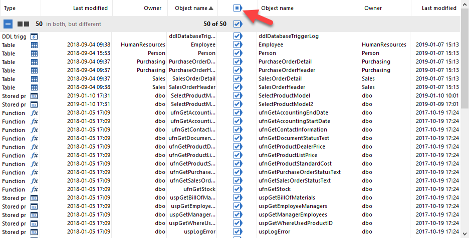 select database objects for comparison