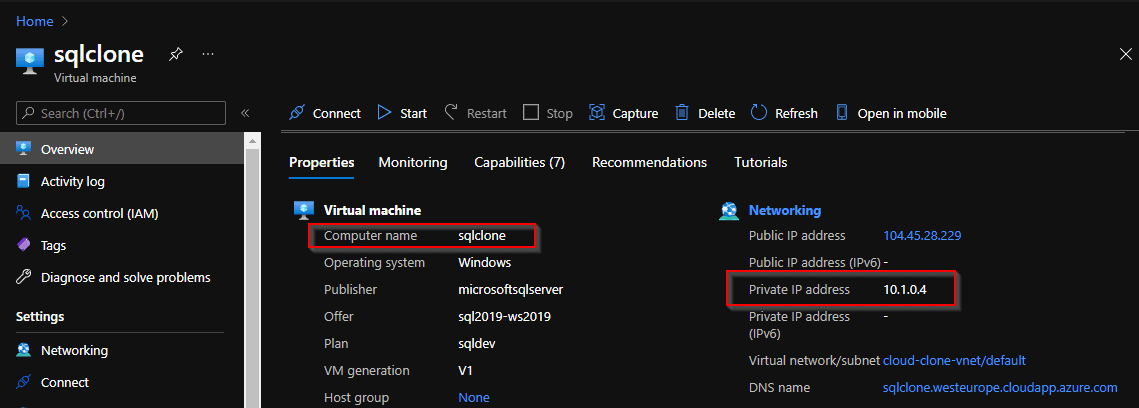 Connect to SQL Clone in Azure from Azure VM