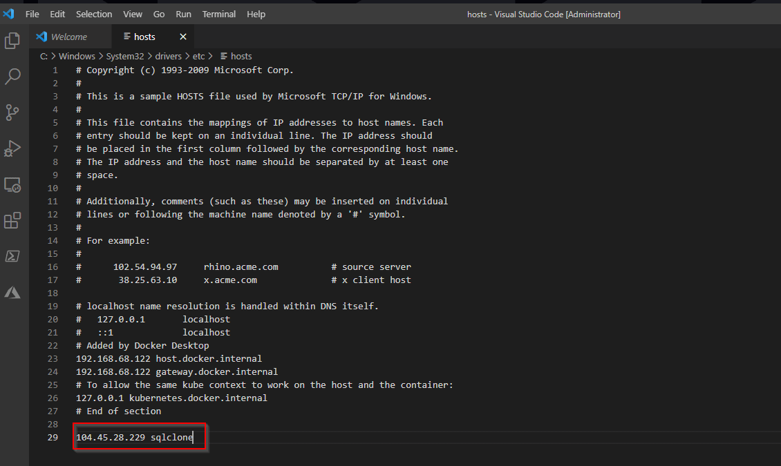 Editing the SQL Clone local hosts file