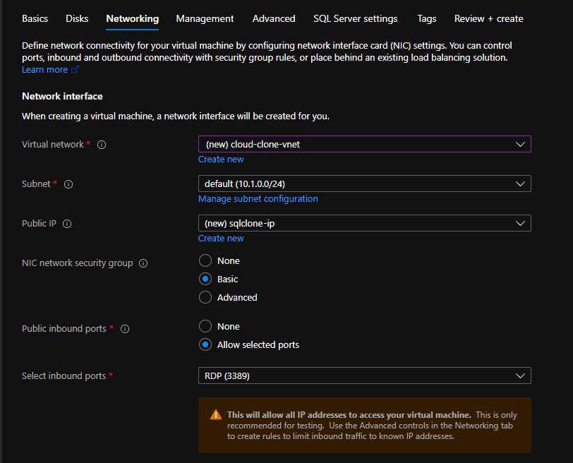 Network settings for Azure VM