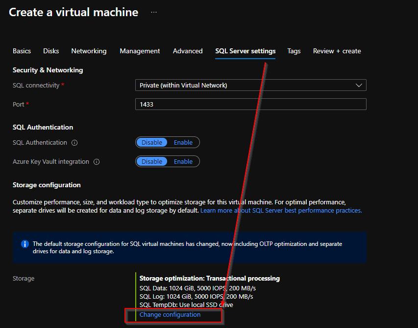 SQL Server settings for Azure VM