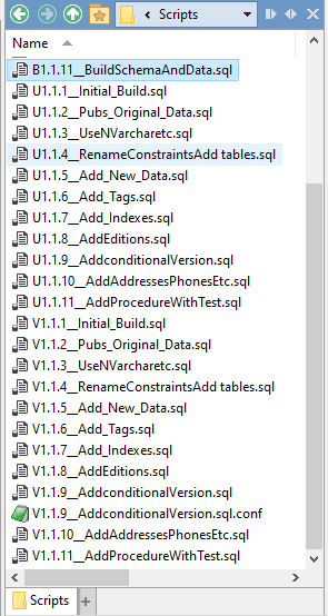 A baseline migration script in the Scripts directory of a Flyway project.