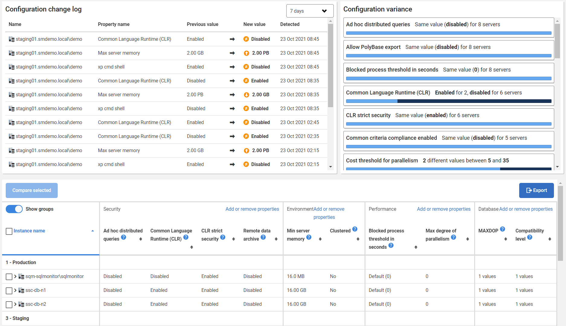 SQL Server estate configuration page