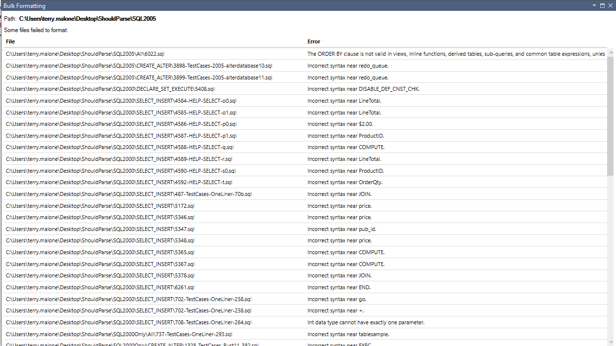 Applying bulk SQL formatting