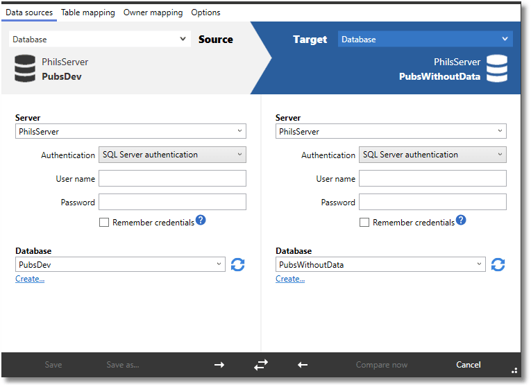 Comparing database schemas using SQL Compare