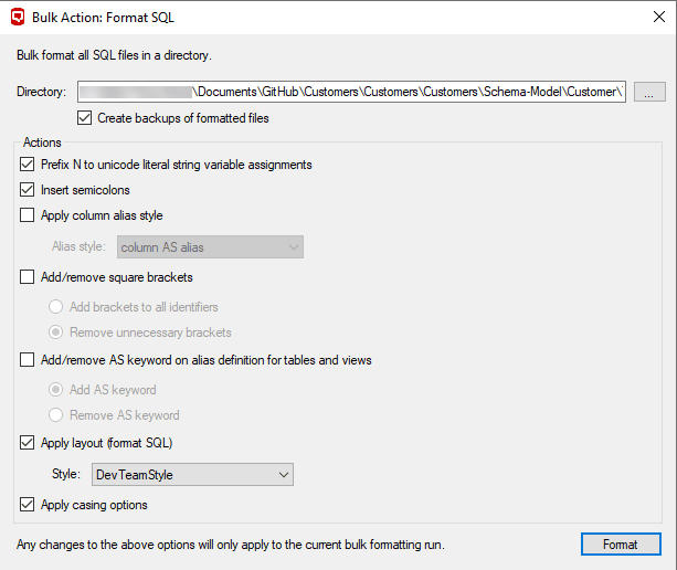 Configuring settings for bulk SQL formatting