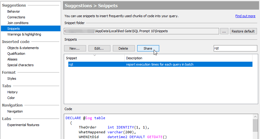 Sharing a SQL code a snippet for reporting query execution times