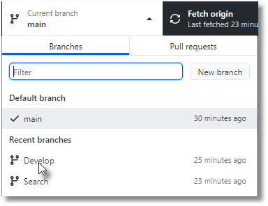 The Develop branch in GitHub