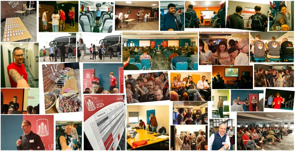 A collage of photos from the conference featuring lots of happy and engaged Redgaters, some in-session and some casual photos.