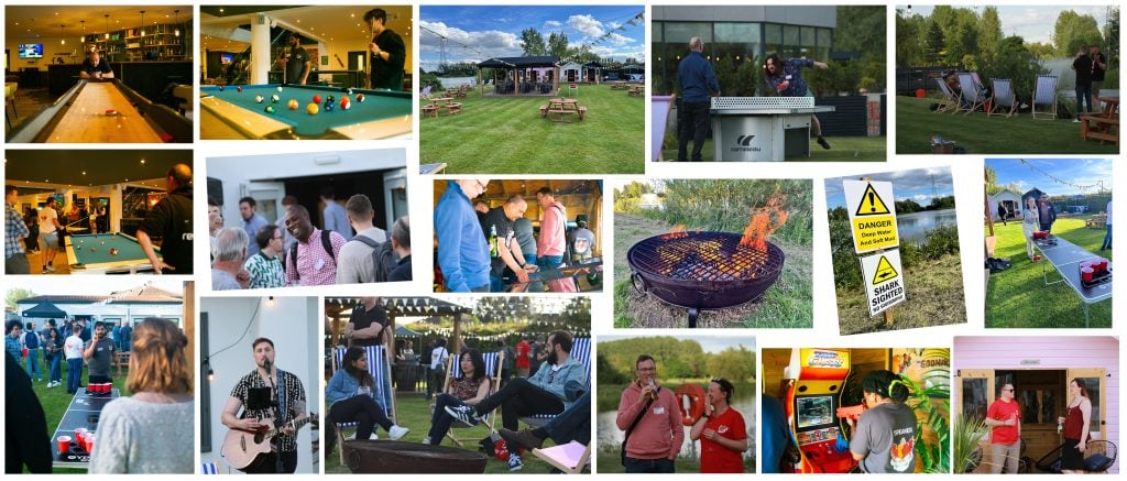 A collage of photos from the evening social event including the lovely green open space we had on the banks of the lake, people playing games and chilling out.