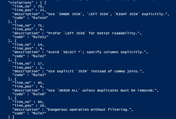 JSON output from flyway code analysis