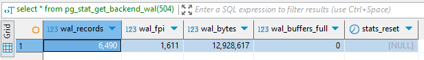 Example output of pg_stat_get_backend_wal(pid)
