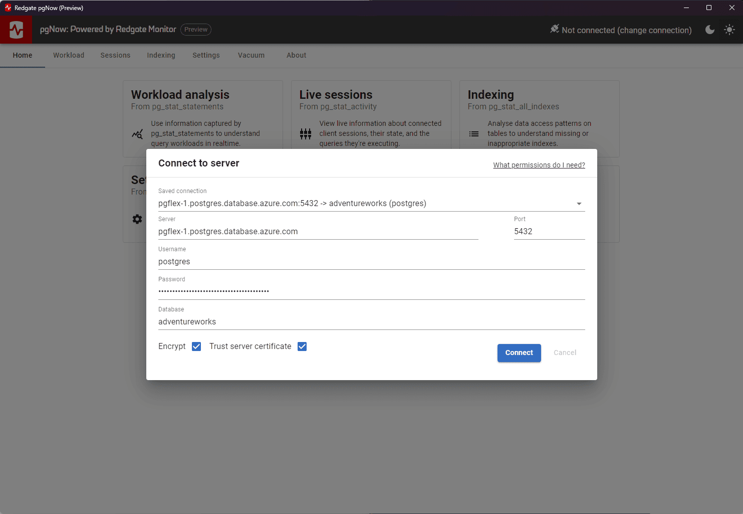 Connect pgNow to the Azure Flex Server