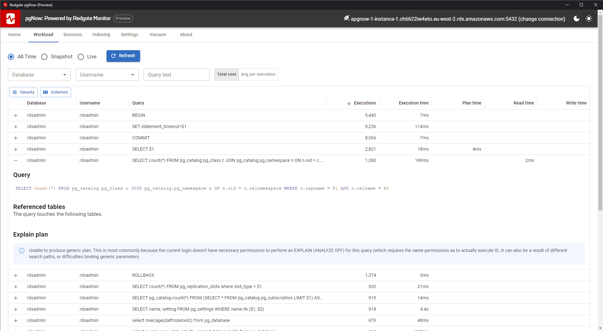 Activity monitoring for postgreSQL with Redgate pgNow