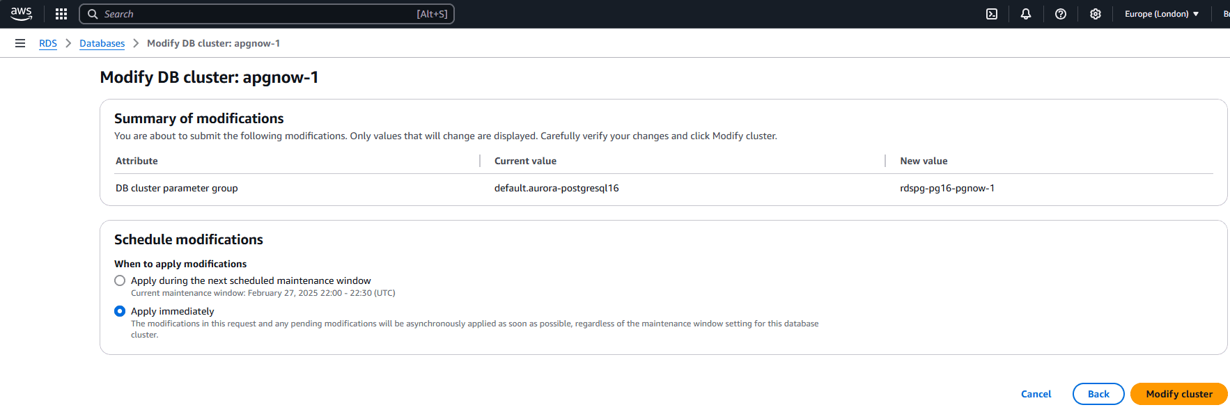Apply parameter group to Aurora cluster