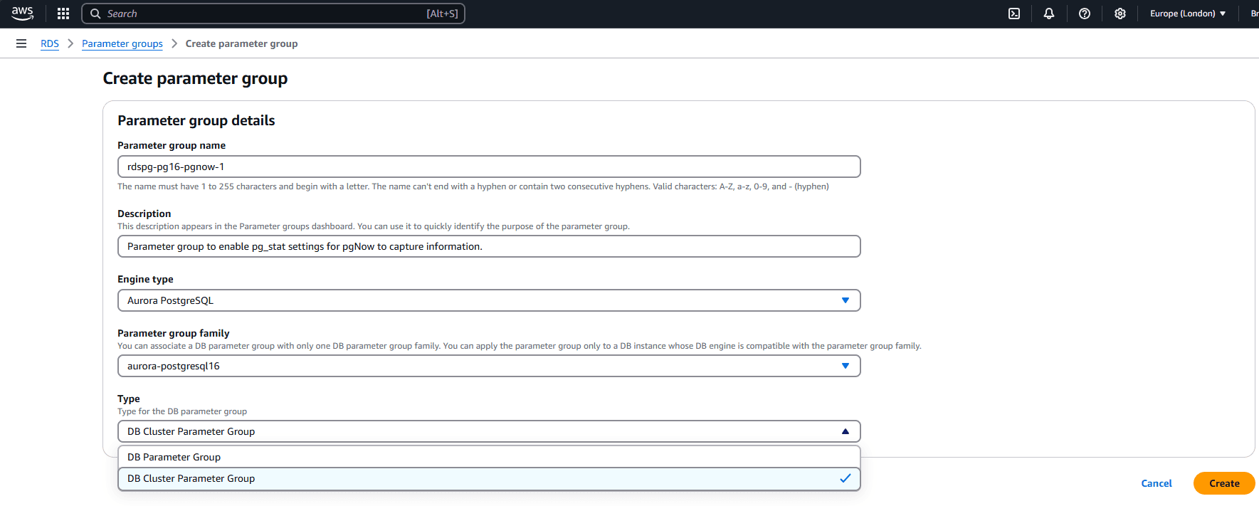 create RDS parameter group