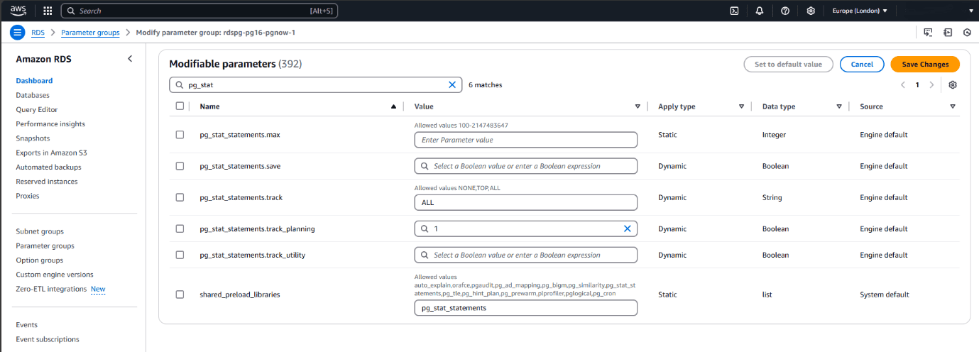 Set the pg_stat_statements parameters